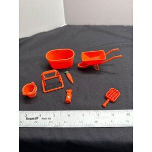 New Ray Orange Miniature Gardening Farm Toy Set Carrot Wheel Barrow Bucket Trou